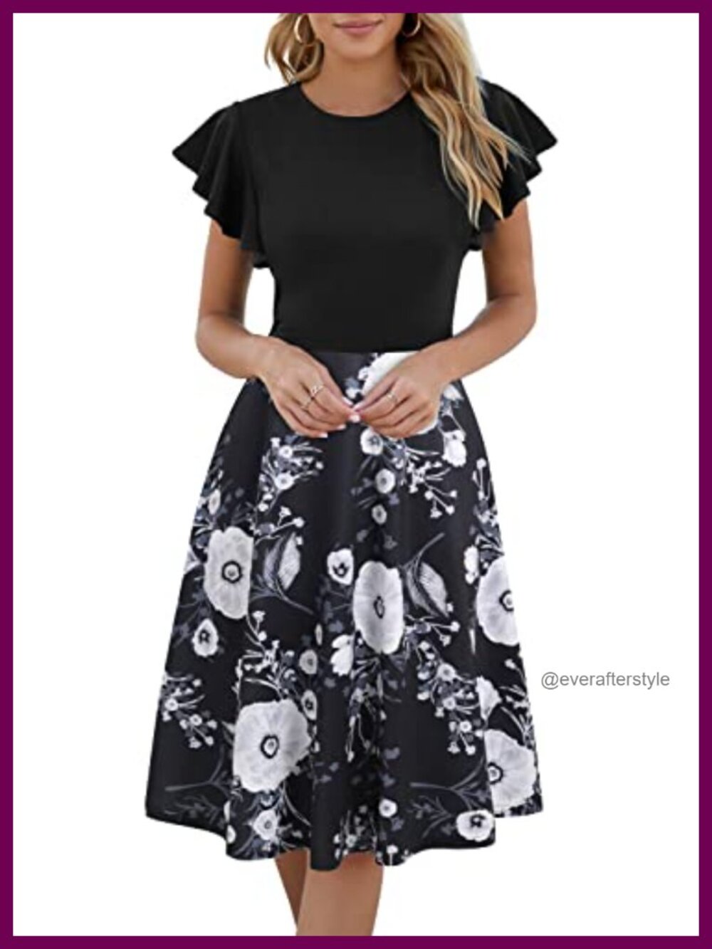 Women's Semi-Formal Ruffle Sleeve V-Back Fit and Flare Cocktail Dress with
